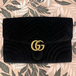Gucci Black Matelasse Velvet GG Marmont Clutch